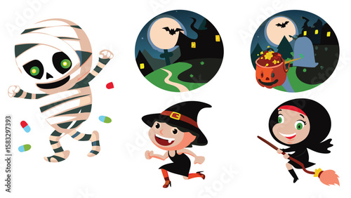 Cartoon halloween characters including a mummy witch ninja and ghost with a pumpkin and spooky backgrounds
