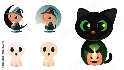 Halloween themed cartoon featuring witches, ghosts and a black cat holding a pumpkin lantern