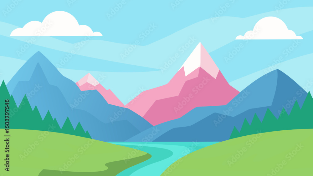Naklejka premium Cartoon Mountain Valley Illustration