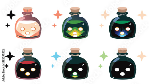 Collection of six colorful potion bottles with corks and glowing faces surrounded by stars