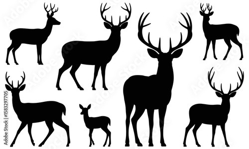 Silhouettes of various deer poses