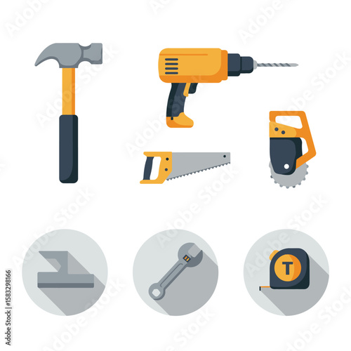 Collection of hand tools and power tools for DIY home improvement projects, including hammer, drill, saw, wrench, tape measure, and other essential tools for construction and repair.