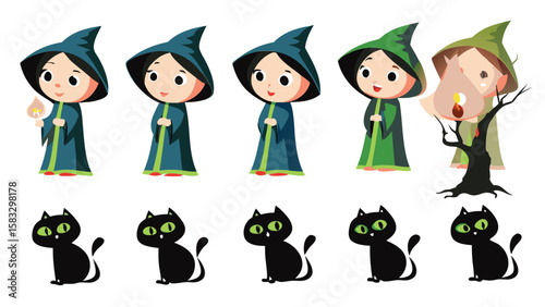 Cartoon witches in robes with black cats in a halloween themed illustration with a spooky tree