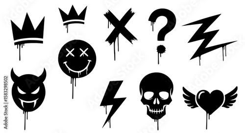 Collection of black graffiti style silhouettes including crowns a devil face crossed out eyes smiley question mark lightning bolts skull and winged heart isolated on transparent background silhouette