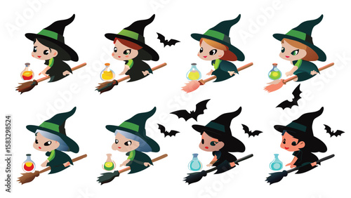 Cartoon witches flying on brooms with potions and bats for halloween celebration design element vector