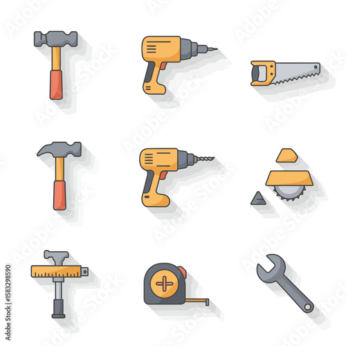 A collection of modern flat design vector icons showcasing essential construction and repair tools like hammers, drills, and saws, isolated on white.