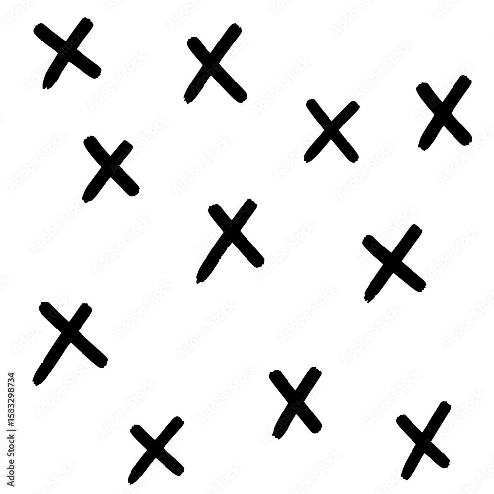 Obraz premium A scattered pattern of black hand drawn x marks with a rough brushstroke texture creating a simple yet striking graphic design element isolated on transparent background silhouette