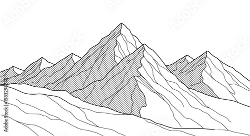 Stylized mountain range with sharp peaks and valleys rendered in a minimalist line art silhouette style isolated on transparent background
