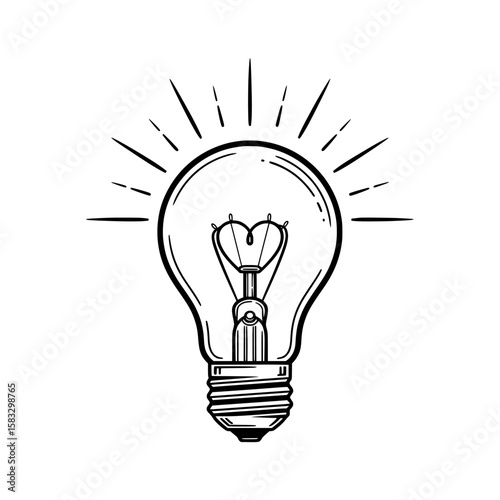 Lightbulb Heart Idea: A simple line drawing of a lightbulb with a heart shape inside, radiating light rays. Symbolizing innovative, loving ideas.
