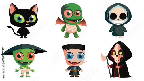 Cartoonish halloween characters including a cat, vampire, two grim reapers, and frankenstein monster