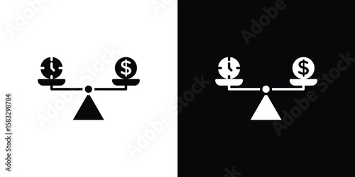 Time and money compare scale icon vector graphics. Flat solid black vector set