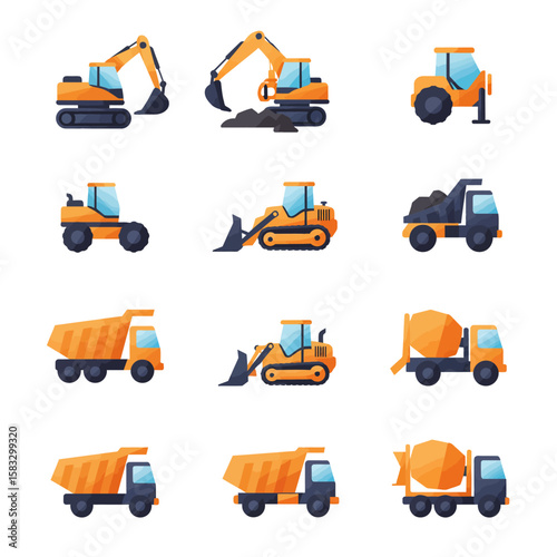 A comprehensive set of various heavy construction vehicles and industrial machinery, featuring excavators, dump trucks, and bulldozers in a clean flat design style.