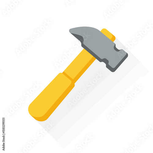 A yellow-handled hammer tool with a gray metal head casting a shadow on a white background, representing construction and DIY.