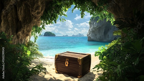 A large wooden ark has been placed on the beach, surrounded by lush greenery and exotic plants, overlooking a captivating sea with distant islands.