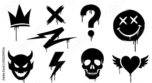 Collection of black graffiti style silhouettes including crowns a devil face crossed out eyes smiley question mark lightning bolts skull and winged heart isolated on transparent background silhouette