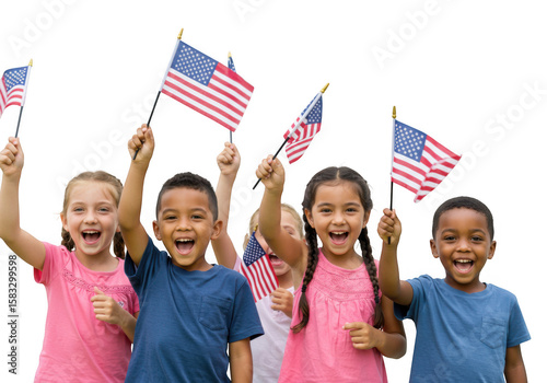 Group of children waving american flags isolated on transparent background