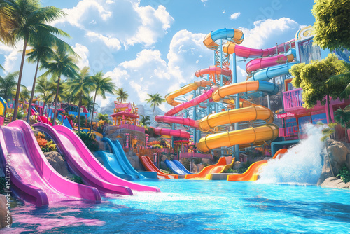 A vibrant aquapark with bright colors