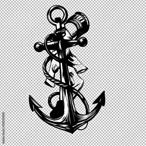 A heavy metal ship anchor with rope, a nautical marine symbol design on a white background