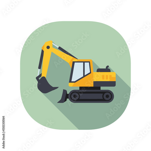 A yellow excavator icon with a long shadow, depicted in a modern flat design style on a rounded green background, symbolizing construction work.
