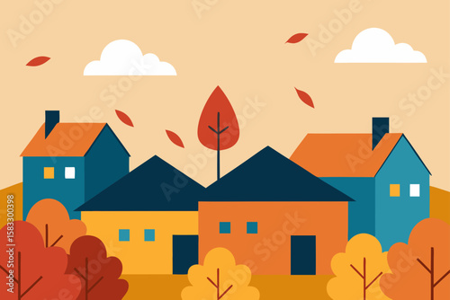 autumn leaves covering rooftops in peaceful villag