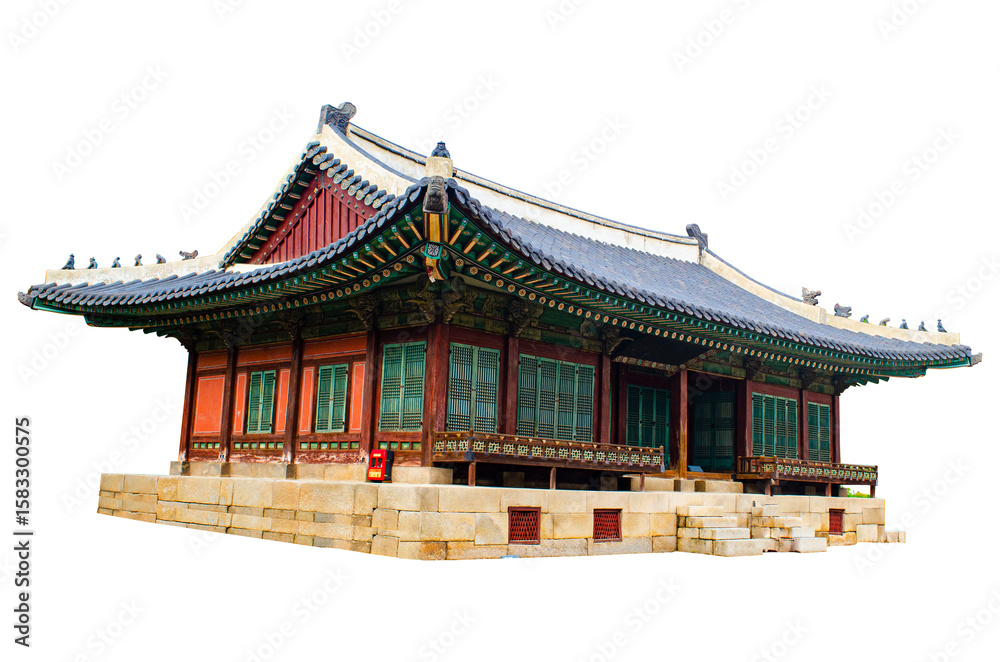 Naklejka premium Tongmyeongjeon Hall Korea traditional wooden structure houused isolate on transparent background.