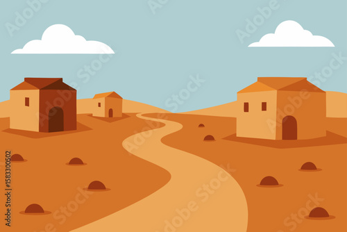 dusty village trail with scattered clay houses