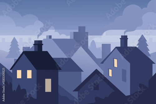 fog covering rooftops in early morning village