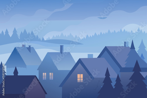 fog covering rooftops in early morning village