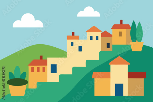 hillside village with tiled roof houses