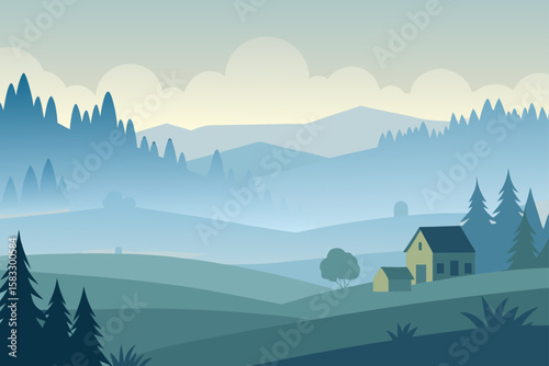 early morning fog over village farmland and fore