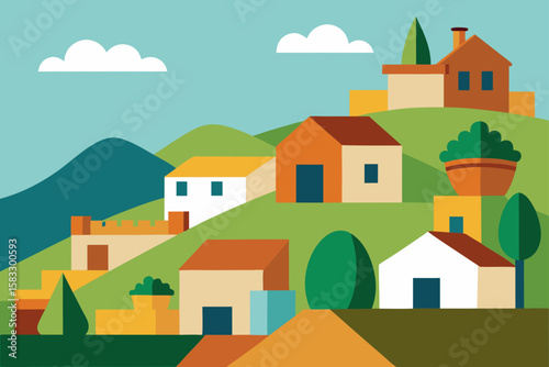 hillside village with tiled roof houses