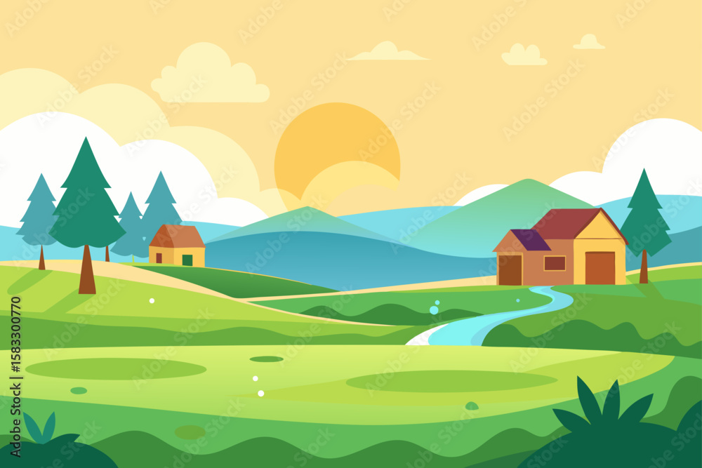 Obraz premium peaceful morning in village with dew covered fiel