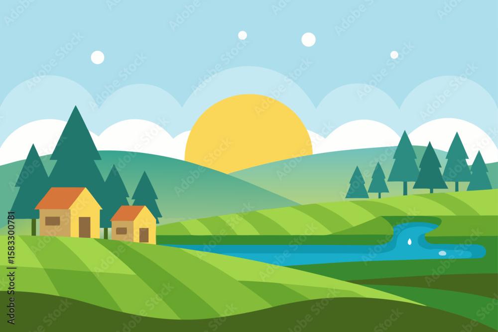 Naklejka premium peaceful morning in village with dew covered fiel