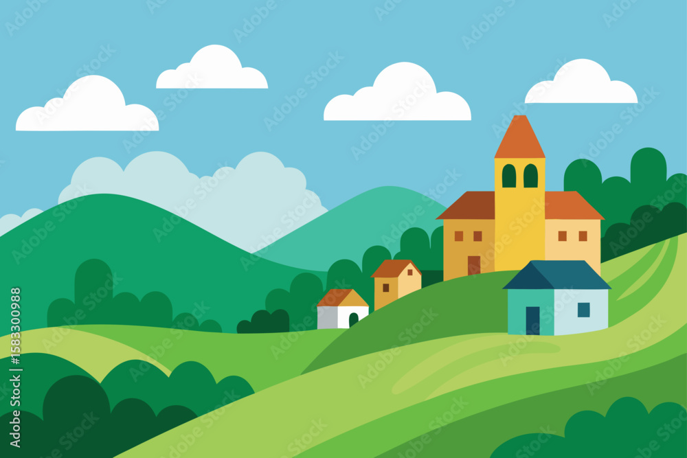 Naklejka premium secluded village in green hills with cloudy sky