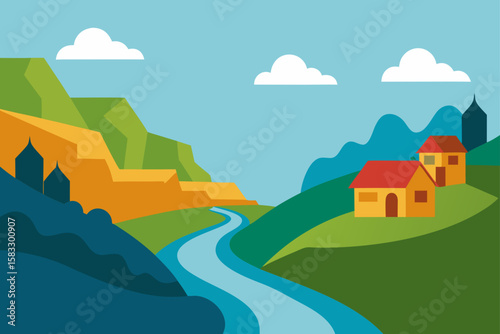 rural village near river bend with rocky cliffs