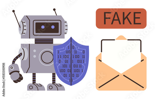 Robot standing with binary-coded shield beside an envelope marked FAKE. Ideal for cybersecurity, AI protection, digital safety, fraud prevention, spam detection, online security, simple flat metaphor