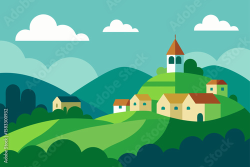 secluded village in green hills with cloudy sky