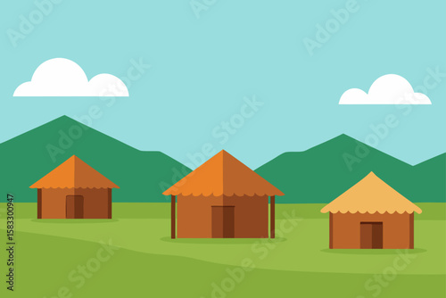simple huts in grassy plain with distant hills