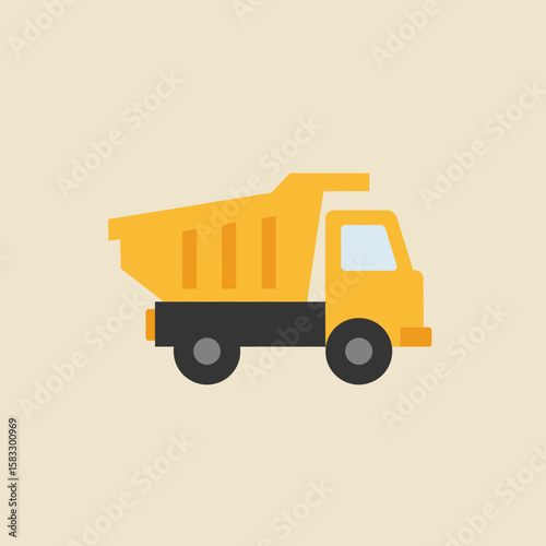 A vibrant yellow dump truck, depicted in a clean and modern flat design style, stands ready for heavy construction work or material transport.