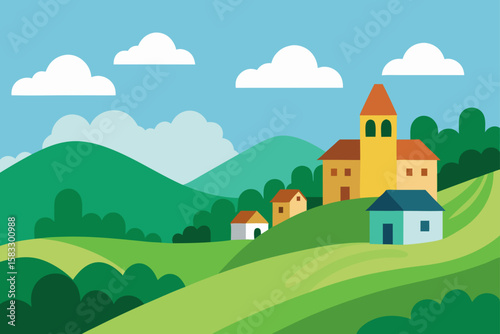 secluded village in green hills with cloudy sky