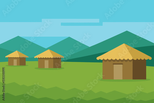 simple huts in grassy plain with distant hills