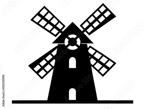 Windmill black silhouette vector,Rustic windmill silhouette icon