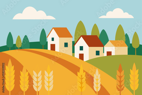 traditional countryside village with wheat field