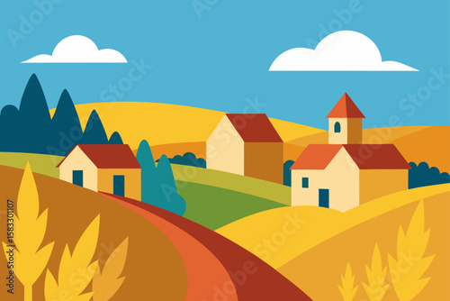 traditional countryside village with wheat field