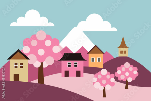 tranquil village nestled in cherry blossom trees