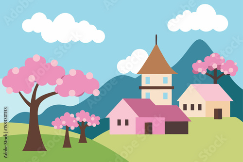 tranquil village nestled in cherry blossom trees