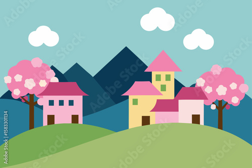 tranquil village nestled in cherry blossom trees