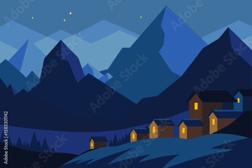 village at the base of towering mountains at dusk