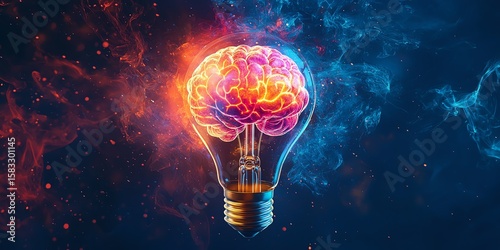Exploding lightbulb in neon watercolor style, exposing a glowing human brain inside, vibrant energy bursts, isolated background, concept of brilliant ideas and innovation