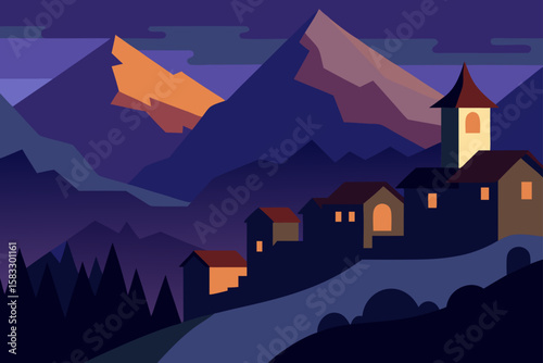 village at the base of towering mountains at dusk